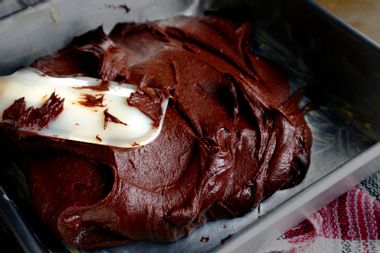 Chocolate Brownies Batter In A Baking Pan