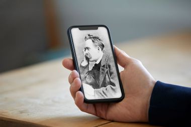 German Philosopher Friedrich Wilhelm Nietzsche pictured on a smartphone