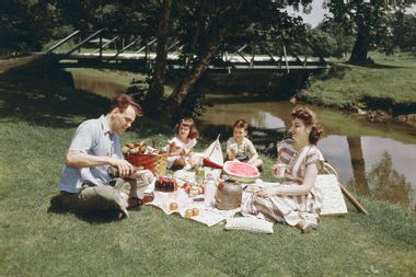 Family Having Picnic Beside Pond