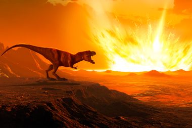 Illustration of a tyrannosaurus as an asteroid strikes the Earth.