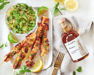 Image for Sweet white vinegar and parsley are the keys to these lemony grilled chicken skewers 