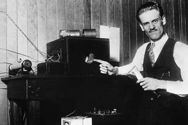 Inventor Philo T. Farnsworth with his invention, the first electronic television