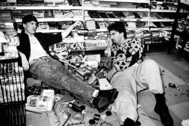 Actors Jeff Anderson and Brian O'Halloran on set of the Miramax movie "Clerks"