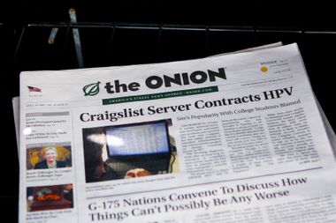 A copy of the Onion is seen in a news rack May 5, 2009 in San Francisco, California.