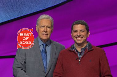 The author with Alex Trebek on the Jeopardy! set.