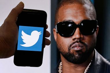 Twitter logo is displayed on a mobile phone with a photo of Kanye West shown in the background