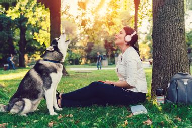 Girl with dog spending time in the park enjoying good music