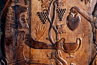Close-up of carving on wood, Patrai, Greece