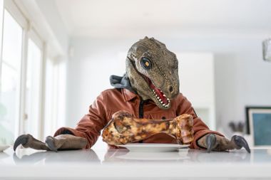 Teenager with a dinosaur mask about to eat lunch