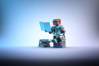 Robot sitting on a bunch of books, reading