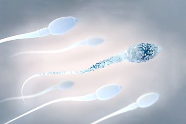 3D illustration of white damaged sperm cells swimming