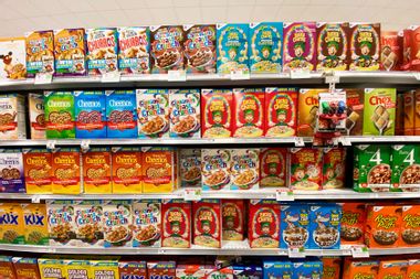 The cereal aisle in a grocery store
