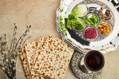 Passover Seder plate with Matzah and Wine