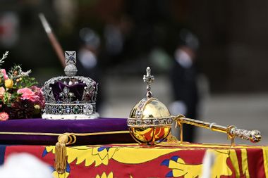 The coffin of Queen Elizabeth II with the Imperial State Crown resting on top