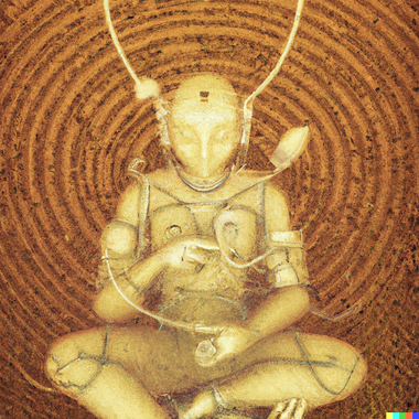 An image generated with OpenAI's DALL-E depicts a mechanical Buddha in a state of meditative serenity.