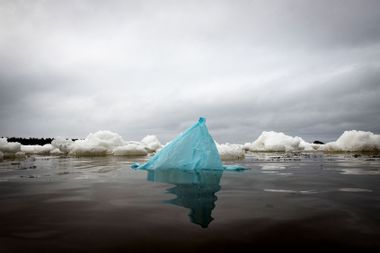 Plastic bag drifting in the botnia Gulf on May 3, 2023 near Pietarsaari, during the late spring as the sea-ice is slowly melting.