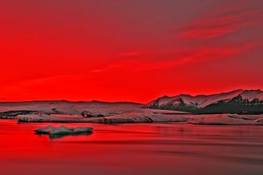 Vibrant Red Sunset Over Icebergs in Jokulsarlon Glacier Lagoon, Ice