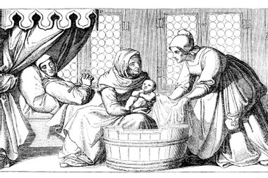 medieval engraving of midwife bathing newborn