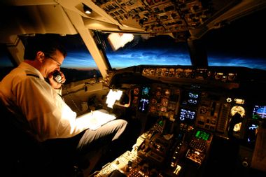 Captain flying a Boeing 767 over the North Atlantic just before dawn