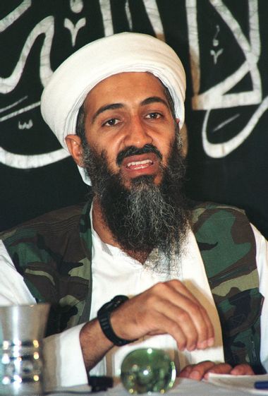 File photo of Osama bin Laden talking at a news conference in Afghanistan