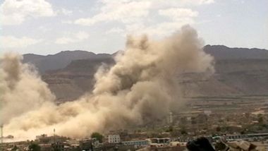 Smoke rises after an air strike on rebel targets in the northwestern Yemeni province of Saada
