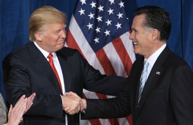 Businessman and real estate developer Donald Trump greets U.S. Republican presidential candidate and former Massachusetts Governor Romney after endorsing his candidacy for president at the Trump Hotel in Las Vegas