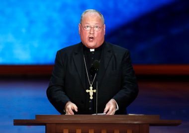 New York Cardinal Dolan, president of the United States Conference of Catholic Bishops, delivers the closing benediction during the final session of the Republican National Convention in Tampa