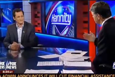 Image for Anthony Weiner appears on Sean Hannity's show, yells