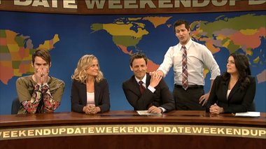 Image for Watch Amy Poehler, Stefon and Andy Samberg's surprise appearance on Seth Meyers' final episode of 