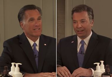 Image for Jimmy Fallon does his best impression of Mitt Romney. Mitt Romney does his best impression of human being.
