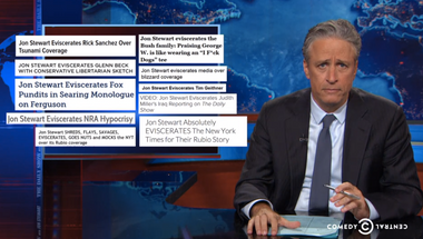 Image for Jon Stewart “eviscerates” 16-plus years of hyperbolic 