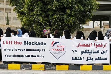 Healthcare workers demonstrate against a blockade on Yemen imposed by a Saudi-led coalition, outside the headquarters of the United Nations in Yemen's capital Sanaa
