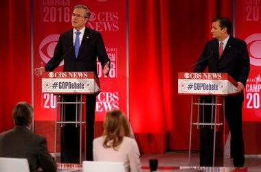 Republican U.S. presidential candidate Bush speaks as Cruz looks on at the Republican U.S. presidential candidates debate sponsored by CBS News and the Republican National Committee in Greenville