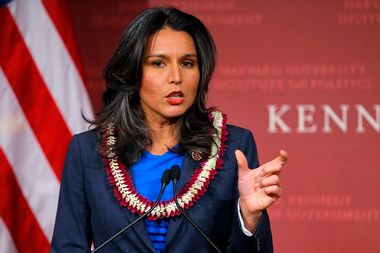 U.S. Representative Gabbard speaks after being awarded a Frontier Award during a ceremony at Kennedy School of Government at Harvard University in Cambridge