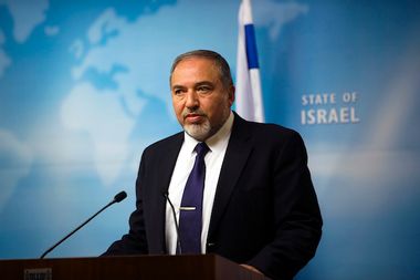Israel's Foreign Minister Avigdor Lieberman gives a statement to the media at his Jerusalem office