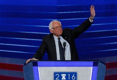 Senator and former Democratic presidential candidate Bernie Sanders waves as he arrives to speak at the Democratic National Convention in Philadelphia