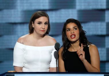 Actresses Dunham and Ferrera speak on stage at the Democratic National Convention in Philadelphia