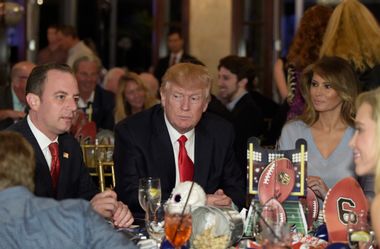 Donald Trump, Melania Trump, Reince Priebus watch the Super Bowl