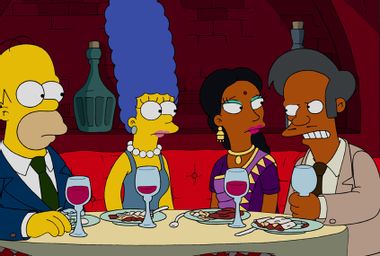 Dan Castellaneta as Homer Simpson, Julie Kavner as Marge Simpson, Tress MacNeille as Manjula Nahasapeemapetilon and Hank Azaria as Apu Nahasapeemapetilon in "The Simpsons"