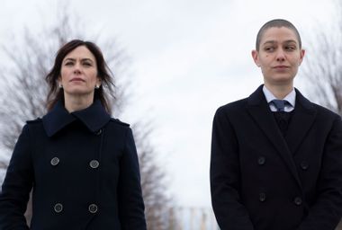 Maggie Siff as Wendy Rhoades and Asia Kate Dillon as Taylor in "Billions"