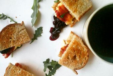 Breakfast sandwich with blackberry-red onion jam