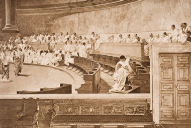 Cicero and Catiline in the Roman Senate, from the book The Outline of History by H.G.Wells Volume 1, published 1920.