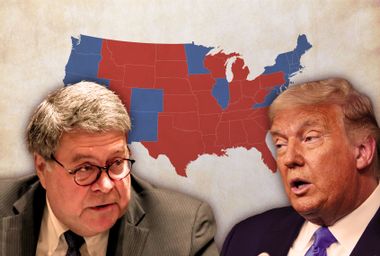 Bill Barr, Donald Trump and an electoral map of the USA