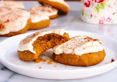 Image for These pumpkin cookies with spiked cream cheese frosting are like whipping up a cake, minus the work
