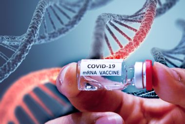 COVID-19 vaccine; DNA double helix close-up