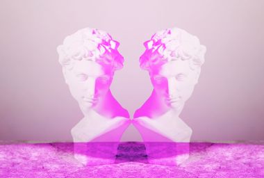 Pink symmetrical image of portrait sculpture