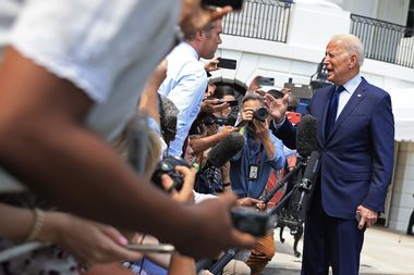 U.S. President Joe Biden stops to take a question on social media misinformation from NBC correspondent Peter Alexander while departing the White House on July 16, 2021.