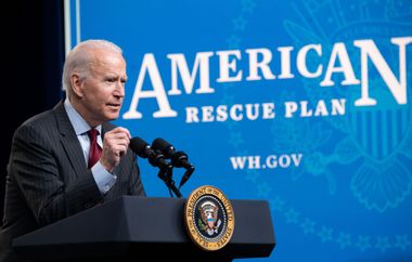 President Joe Biden speaks about the American Rescue Plan in the Eisenhower Executive Office Building in Washington, DC, on February 22, 2021.