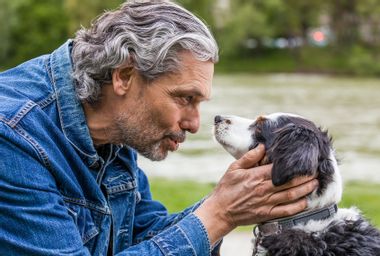 Man talking to his dog