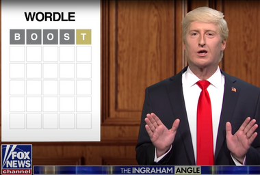 Donald Trump, played by "SNL" cast member James Austin Johnson, takes part in a game of Wordle.